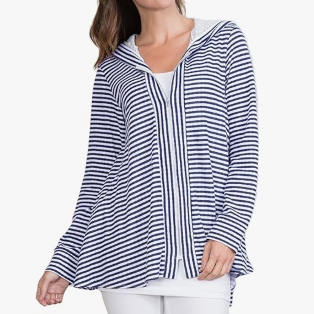 Simply Noelle Striped Polka Dot Zip Up Hooded Jacket Navy Blue White Size S/M